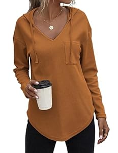 Zeagoo Pull Casual Femme Hoodie Manches Longues Col en V Sweat à Capuche Décontracté Haut Automne Beige Oversize Sweatshirt avec Cordon Marron M