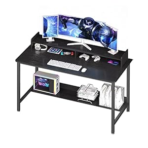 WOODYNLUX Computer Desk with Shelves, 43 Inch Gaming Writing Desk, Study PC Table Workstation with Storage for Home Office, Living Room, Bedroom, Metal Frame, Black.