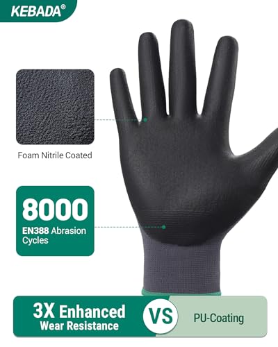 Image of Kebada W5 Foam Nitrile Coated Work Gloves for Men & Women, 12 Pairs | Seamless Nylon Knit, Strong Grip, Safety Gloves for General Purpose, Mechanic Work, Warehouse, Construction & Gardening