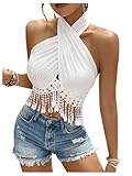 SHENHE Women's Sexy Criss Cross Wrap Halter Neck Tassel Trim Eyelet Fringe Boho Crop Tops White Large