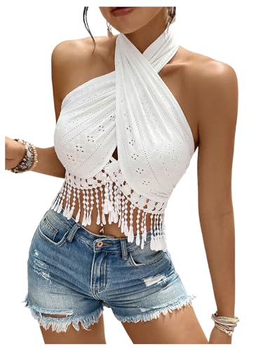 SHENHE Women's Sexy Criss Cross Wrap Halter Neck Tassel Trim Eyelet Fringe Boho Crop Tops
