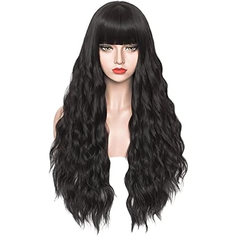 Mildiso Black Wigs for Women 26" Long Black Wig with Bangs Curly Wavy Black Hair Wig Cute Natural Soft Wigs for Daily Party M062BK1 Cover