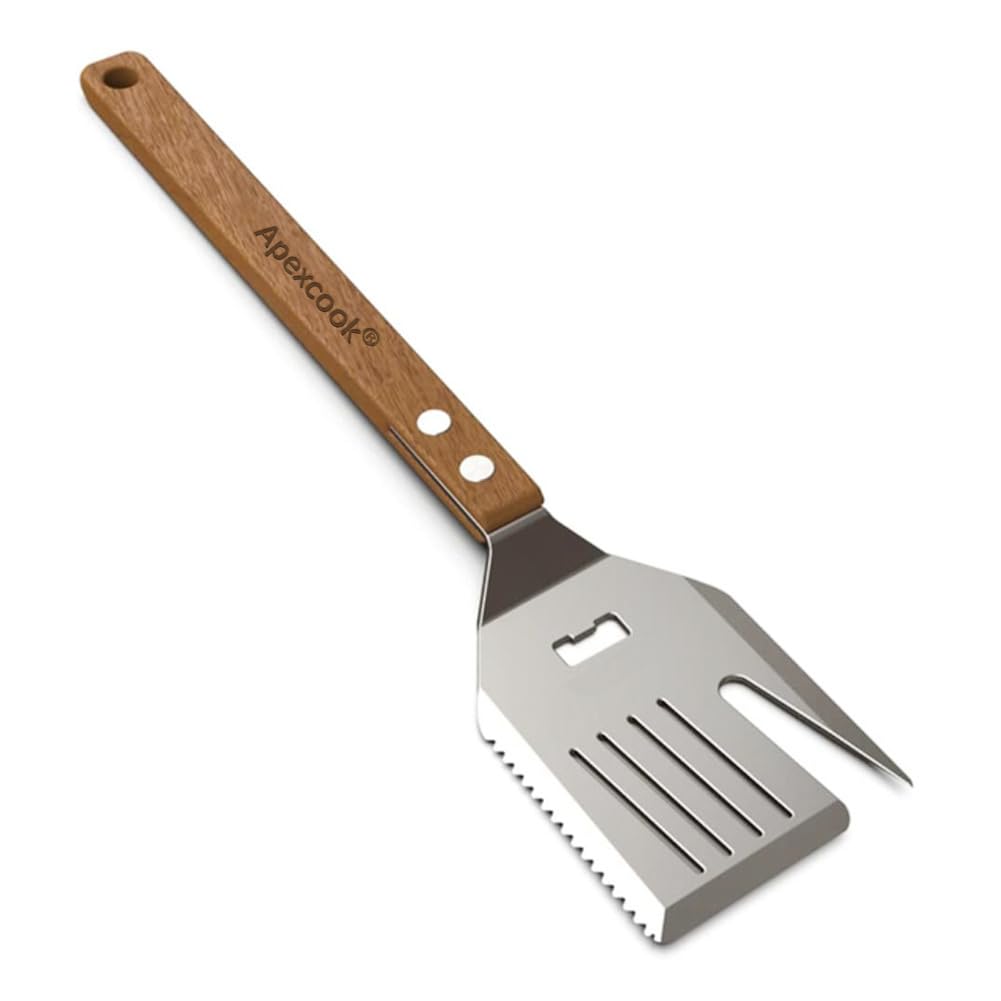 5-in-1 BBQ Spatula with Wooden Handle, Extra Long Stainless Steel Grill Tool for Men – Heavy Duty Outdoor Barbecue Accessories, Gift Box