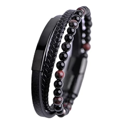 LANGHONG Genuine Leather Bracelet For Men, Braided Stainless Steel Magnetic Closure Mens Bracelet, Gift For Men, 21CM, tiger eye Cover