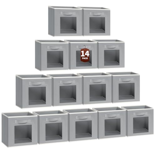 Homsorout Storage Cube 11 Inch - Cube Storage Bins with Window, Closet Storage Baskets with Handle, Fabric Bins for Closet, Shelves, Toys, Clothes, Set of 14, Grey