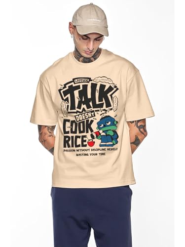 Image of LEOTUDE Half Sleeve Oversized Tshirt for Men, Round Neck Cottonblend Drop Shoulder Printed T-Shirt (Black Color)