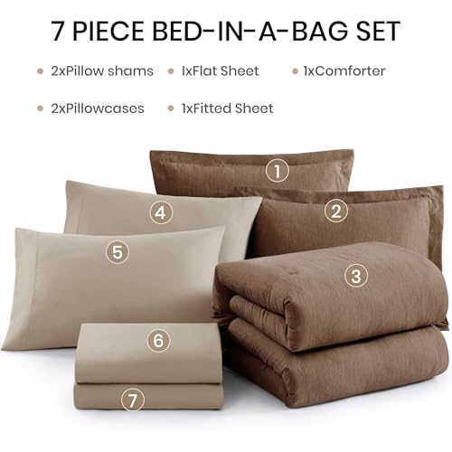 Monbix Full Size Comforter Set, Brown Bedding Comforter for Full Size Bed Set Reversible, Bedding Sets Full 7 Pieces, Cationic Dyeing Bed in a Bag with Comforter, Sheets, Pillowcases & Shams