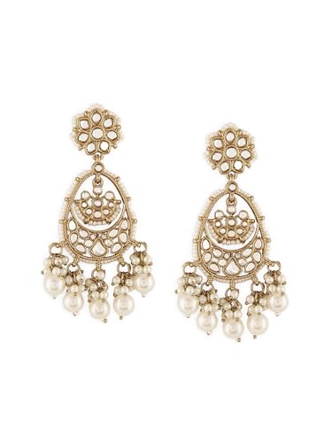 Image of Zaveri Pearls Antique Gold Tone Kundan & Pearls Embellished Dangler Earring For Women-ZPFK19030