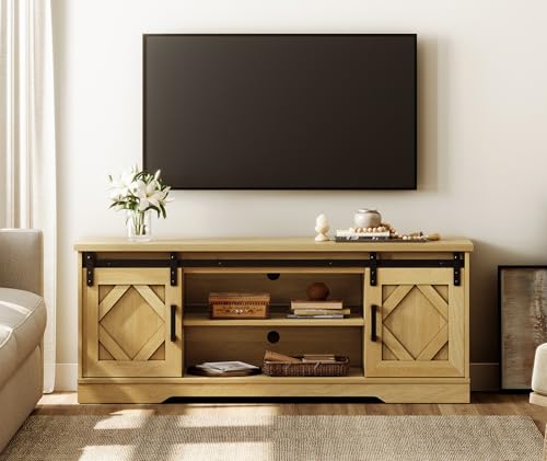 Image of WAMPAT Farmhouse Style TV Stand for 55-65 inch TV w /Distressed Wood Finish