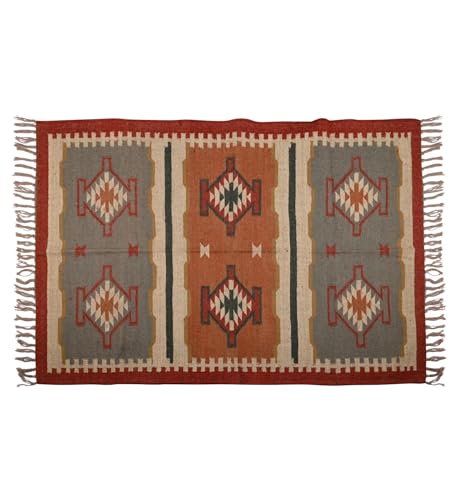 RugsJaipurIndia Geometric Kilim Rug Wool Jute Area Rug Kilim Dhurrie Handwoven Braided Entryway Runner Rug Farmhouse Kitchen Rug, Multicolor 2X3