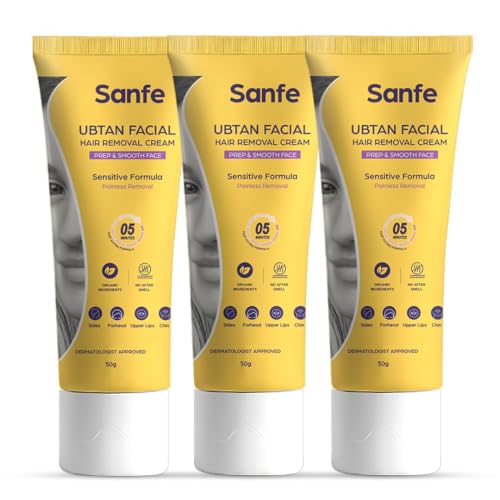 Image of Sanfe Ubtan Facial Hair Removal Cream for Women | Face Hair Remover | Upper Lip Hair Removal Cream | Chin & Forehead Hair Removal | Sensitive Skin | Gentle, Painless Formula | 50g | Pack of 3