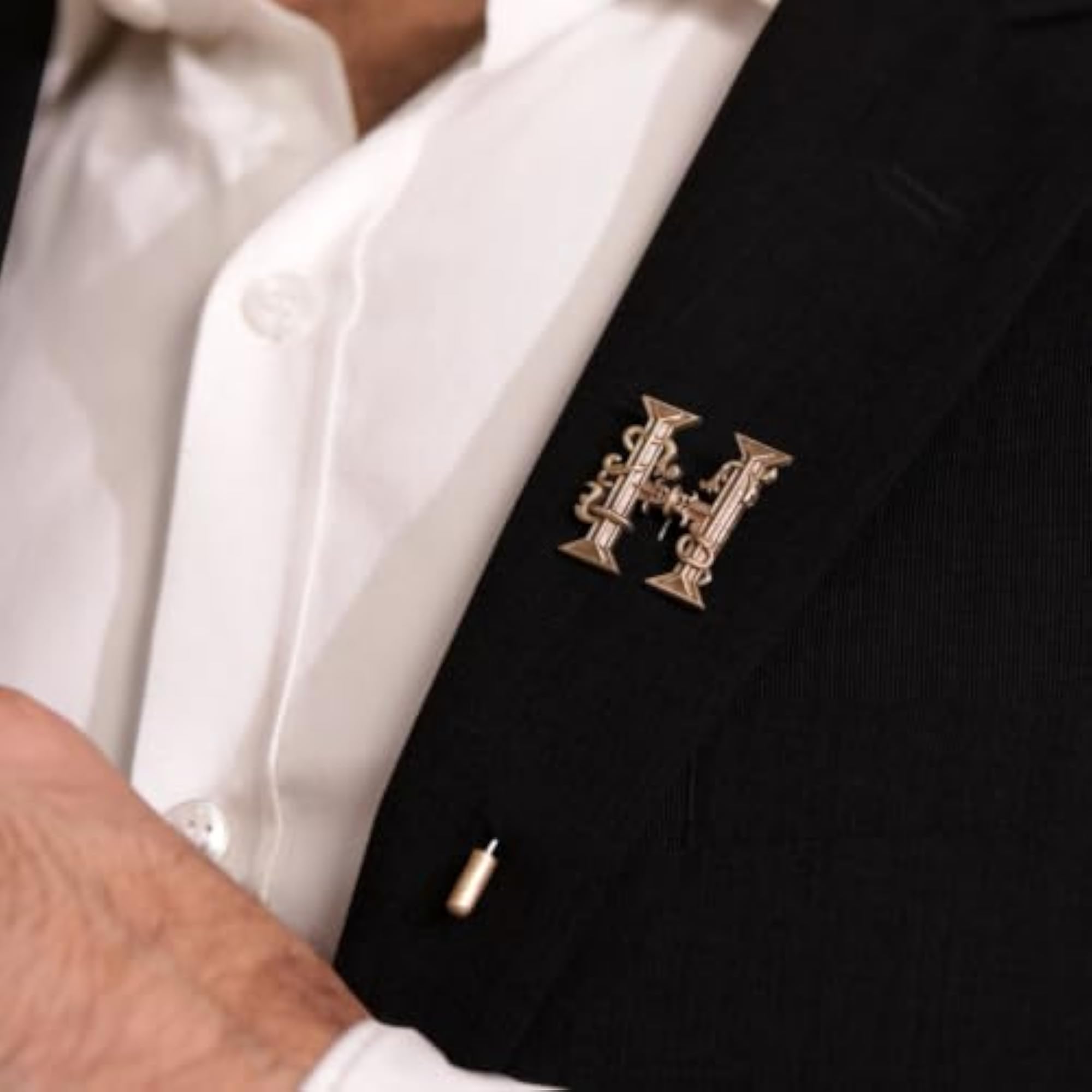 Antique Brass H Alphabet Cufflink & Lapel Pin Combo