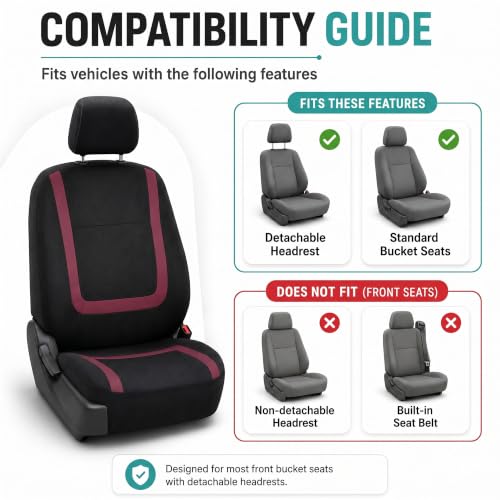 Image of FH Group Car Seat Covers Front Set in Cloth - Car Seat Covers for Low Back Car Seats with Removable Headrest, Universal Fit, Automotive Seat Covers, Car Seat Cover for SUV, Sedan, Van Burgundy