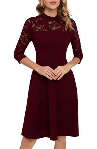 HOMEYEE Damen Elegant Spitze 3/4 Ärmel Rockabilly Kleid Retro Knielang Cocktailkleid für Hochzeit A368 (XL, Dunkelrot)
