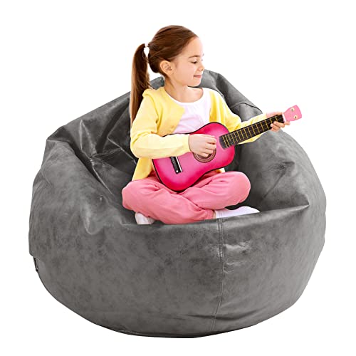 Hummse Bean Bag Chair Cover (No Filler) Plush Toys Storage (D30 X H37) Inches Ultra Soft Leatherette | Washable | Adult Size Zipper Recliner (Grey, Medium) #TOP1