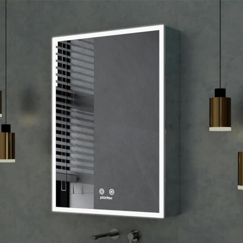Image of Plantex 304 Stainless Steel Cabinet Mirror /Bathroom Cabinet Storage /LED Mirror Cabinet for Wall /Bathroom Organiser Cabinet -Chrome (19x27 Inch,Defogger & Bluetooth)