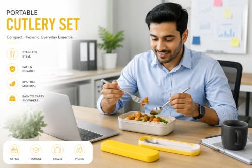 Image of Cutlery Set with Box for Dining | Stainless Steel Spoon, Fork | Reusable Tableware for Home, Kitchen, Office, Restaurant & Travel | Durable Mirror Finish Flatware