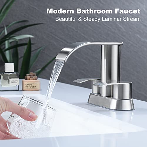 Waterfall Bathroom Sink Faucet Brushed Nickel, Two Handles Bathroom Faucet With Metal Pop Up Sink Drain Stopper, Two Holes Or 3 Holes Bathroom Basin Lavatory Mixer Tap With Deck Mount Plate #TOP1