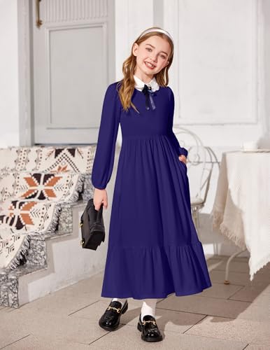 Image of Arshiner Girls Maxi Dresses Lantern Long Sleeve Casual Holiday Dress with Pockets for 5-14 Y