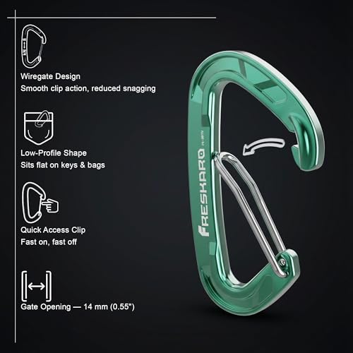FresKaro 5pack Carabiner Keychain Clip Heavy Duty, Small Sturdy Key Accessory, 8kN Wiregate Carabiners, 7075 Aluminum Ultra-Light, for Hiking, Camping, Travelling, Backpack, Green