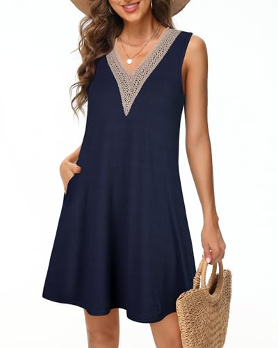 Tanmolo Damen Sommerkleid Kurz Freizeitkleid Spitze V-Ausschnitt Knielang Ärmellos Swing Kleid 2XL Blau