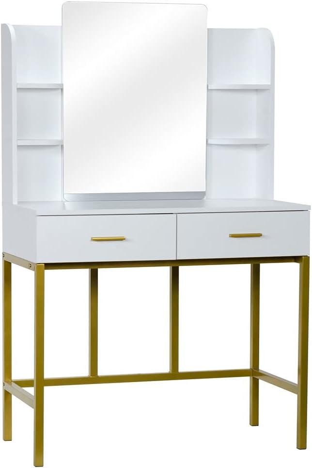 Dresser with Stool Set with Mirror Frame 2 Drawers Steel Frame Makeup Table Bedroom Makeup Dresser