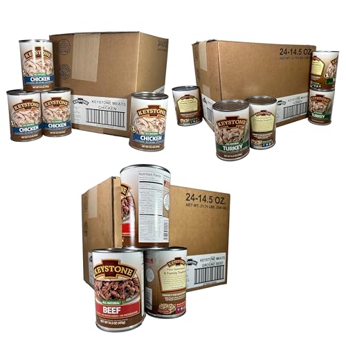 Keystone Meats All-Natural Canned Meat – Premium Chicken, All-White-Meat Turkey & Heat & Serve Beef, Fully Cooked, Survival & Pantry Food, Up to 5-Year Shelf Life, 14.5 oz (72 Cans)