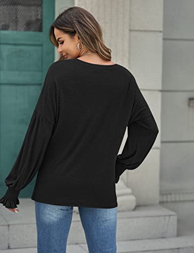 Merokeety Women's 2023 Causal Long Balloon Sleeve Shirts Tops Crewneck Smocked Cuffs Loose Blouse, Black, L #TOP2