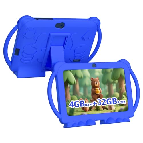 HOTTABLET Kids Tablet 7 inch Android 12, 4GB RAM 32GB ROM, 512GB Expandsion, with Parental Control, WiFi, Bluetooth, Dual Camera with Silicone Case, 1PCS(Blue)