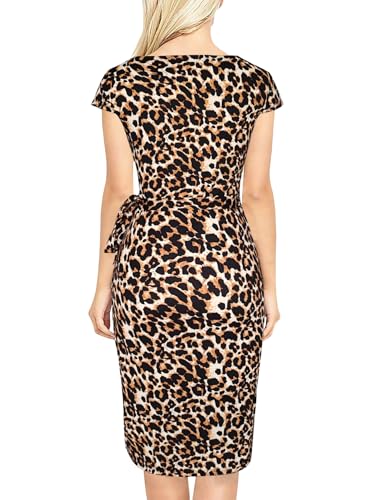 Image of Women's Vintage Cap Sleeves Asymmetrical Neckline Sheath Bodycon Casual Work Cocktail Party Pencil Faux Wrap Dresses
