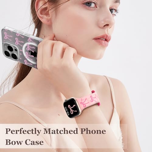 YMHML Bow Band Compatible with Apple Watch Bands for Women 40mm 42mm 41mm 38mm 44mm 45mm 46mm 49mm, Engraved Cute Silicone Inlay Dressy Pink Ribbon Strap for iWatch Series 10 9 8 7 6 5 4 3 SE Ultra by YMHML - Image 5