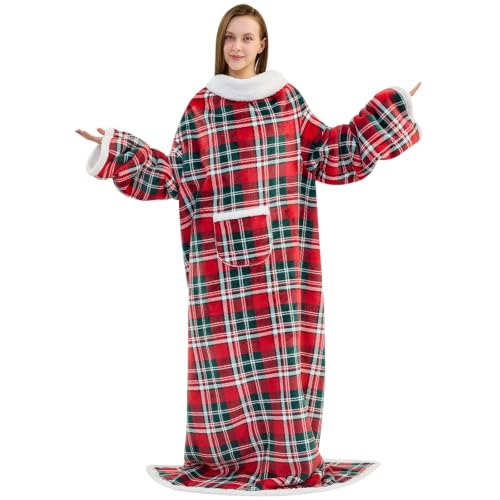 IFNOW Wearable Blanket with Sleeves, Oversized Snuggle Robe,Christmas Plaid | 430GSM Thick, 55x69", Big Pocket, TV Blanket,Fall Winter Dorm Essentials or Office, Christmas Birthday Gifts for Women Men