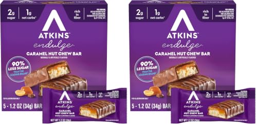 Image of Atkins Endulge Caramel Nut Chew Bar, Dessert Favorite, 1g Sugar, Good Source of Fiber, 5 Count (Pack of 2)