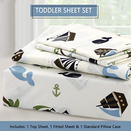 Image of Cozy Line Home Fashions 100 Cotton 3 Piece Toddler Sheet Set, Soft Breathable Crib Bedding Set for Boys Includes a Flat Sheet, a Fitted Sheet, a Pillowcase, Ocean Blue Whale Ships Sail Monkey Island