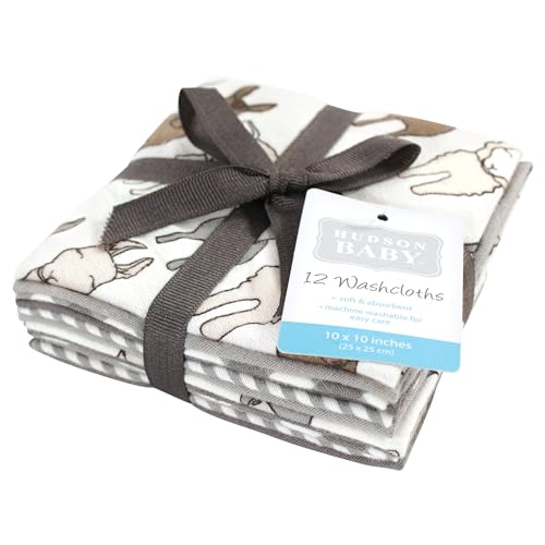 Image of Hudson Baby Unisex Baby Flannel Cotton Poly Washcloths, Farm Friends Cream 12Pk, One Size