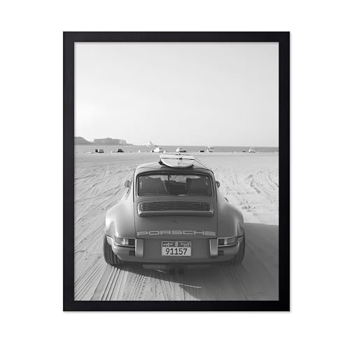 Poster Master Classic Car Poster - Car in the Desert Print - Automobile Art - Transportation Design - Black and White Illustration - Great Garage or Living Room Decor - 11x14 Black Framed