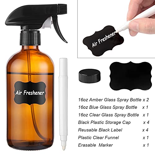 Empty Glass Spray Bottles 16Oz For Cleaning, Plants, Pets, Essential Oils, Air Freshener, Durable Black Trigger Sprayer With Stream And Mist Settings (Amber+Blue+Clear, 16Oz(Pack Of 4)) #TOP2