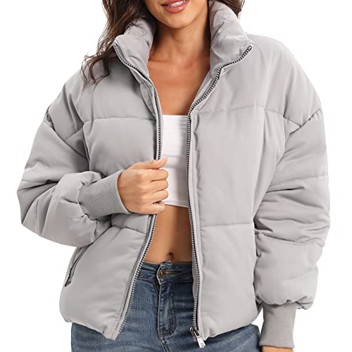 Damen Puffer Jacke Full Zip Langarm Daunenmäntel mit Taschen, 02_grau, X-Small Cover
