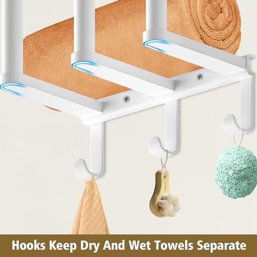 Kayfia Towel Racks for Bathroom Wall Mounted, Bathroom Tool Storage with Metal Shelf & 3 Hooks, Upgrade 3 Bars Towel Holder Wall Can Hold Up to 7 Large Bath Towels, Sturdy and Large Capacity, White