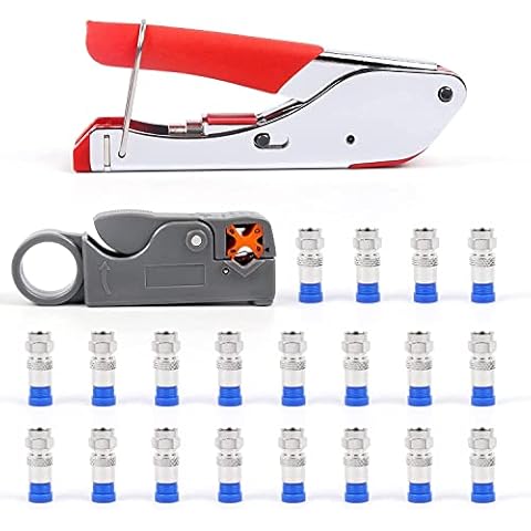 Flytuo Coax Cable Crimper Kit, F-Type Compression Crimping Tool with 20pcs Crimp Connectors Tool and Rotary Coaxial Cable Cutter for RG-58, RG-59, RG-62 Cover