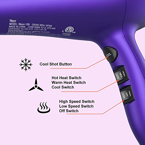 Wazor 3Rd Generation Lightweight Low Noise Hair Dryer,( 1875W Tourmaline Ceramic Negative Ionic Blow Dryer）2 Speed 3 Heat Settings Cool Shot With Diffuser Concentrator(Purple) #TOP2