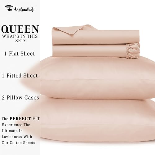 URBANHUT 800 Thread Count Queen Size Egyptian Cotton Sheets Set, 4 Pc Bed Sheet Sets for Queen Size Bedding, Luxury Hotel Sheets Sateen Finish Fits 16" Deep Pocket - Blush Pink
