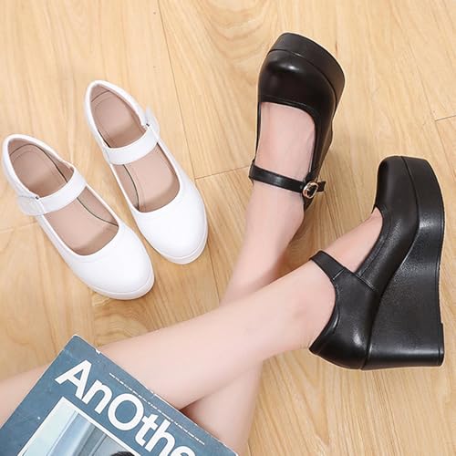Women's Genuine Leather Platform Wedge Mary Jane Shoes Classic Round to Ankle Strap Height Increase Dress Pumps Daily Business Office Formal Shoes4