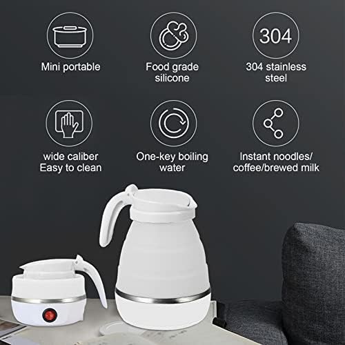 Foldable Electric Kettle, White/Blue/Pink Portable Electric Kettle, 600ml Mini Electric Kettle, Food Grade Silicone, for Hiking Camping and Indoor (White)