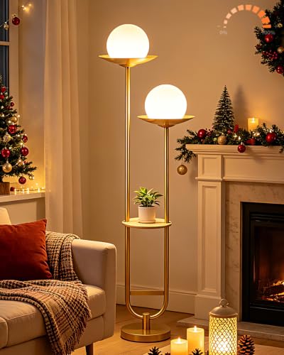 Image of Lightdot 63IN 2 Globe Gold Floor Lamp Mid Century Standing Lamps Dimmable with 3000K Warm White LED Bulbs Unique Vintage Tall Floor Lamp with 5Lbs Heavy Base for Living Room /Wedding /Party