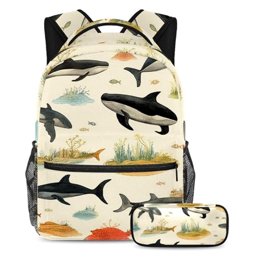 Sac d'école Whale J grande capacité 2 pièces avec trousse et dos ergonomique