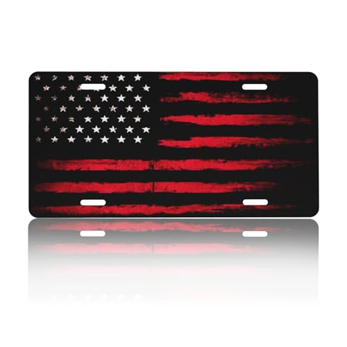 CTVSLFU Front License Plate Cover – Aluminum Metal Car Accessory, Rust-Proof Novelty Vanity Tag Decor for Men & Women, 6x12 with 4 Holes - Black Red American Flag 001