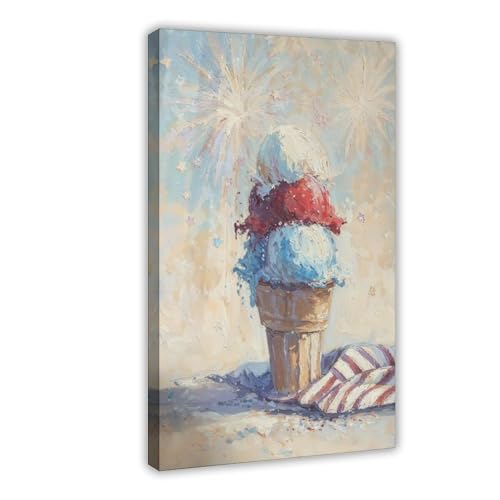 Patriotic Ice Cream Canvas Wall Art July 4th Fireworks Theme