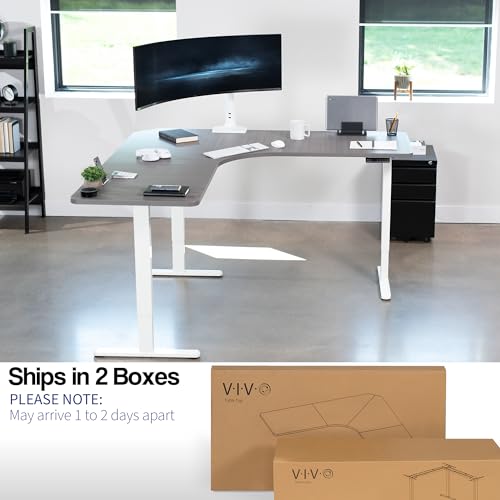 Image of VIVO Dark Gray 71 x 71 in Corner Standing Desk, DESK-KIT-E3CWG | Electric, Triple Motor, Holds 264 lbs, Sit Stand L-Shaped Table, Height Adjustable, Memory Presets, E3C Series, White Frame