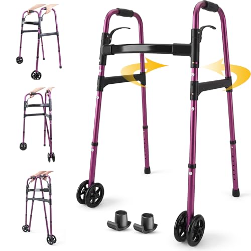 Image of Folding Walker for Seniors - Olycism Rolling Walker Lightweight Aluminum with 8 Height Adjustments One-Hand Folding 400lbs Capacity Standard Walkers for Seniors for Elderly (Purple)